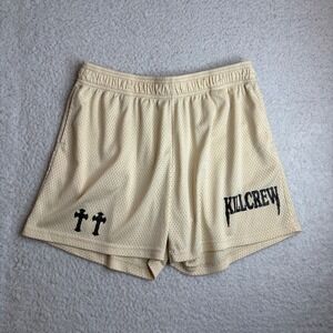 Kill Crew Mens Mesh Athletic Shorts Cream Tan Cross Graphic Gym Basketball XL